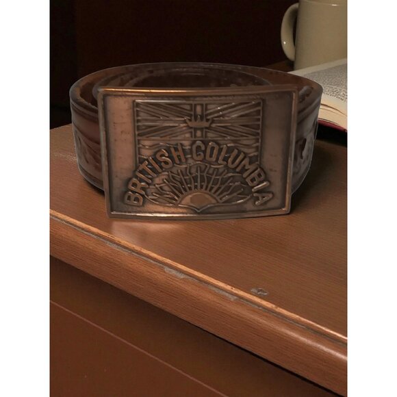 Mens Tooled Full Grain Leather Belt British Columbia Copper Buckle Size 38 - Picture 3 of 14